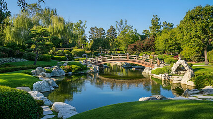 Obraz premium Hiroshima Japanese garden with water features and stone bridges, peaceful lakeside retreat