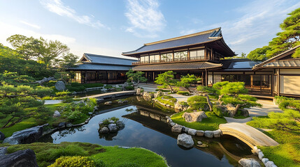 Hiroshima Japanese garden with water features and stone bridges, peaceful lakeside retreat
