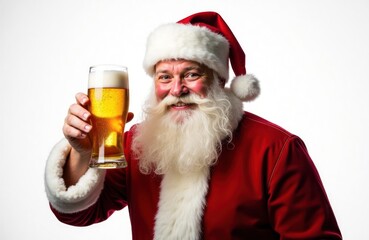 Santa Claus holds beer glass. Festive character enjoys drink. Christmas spirit in unusual way. Fun image for holiday parties funny moments. Santa enjoys special drink. Merry Christmas celebration