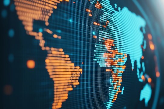 Fototapeta Abstract digital world map in vibrant colors showcasing global connectivity.