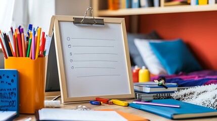 Student's desk with checklist, stationery, and books.