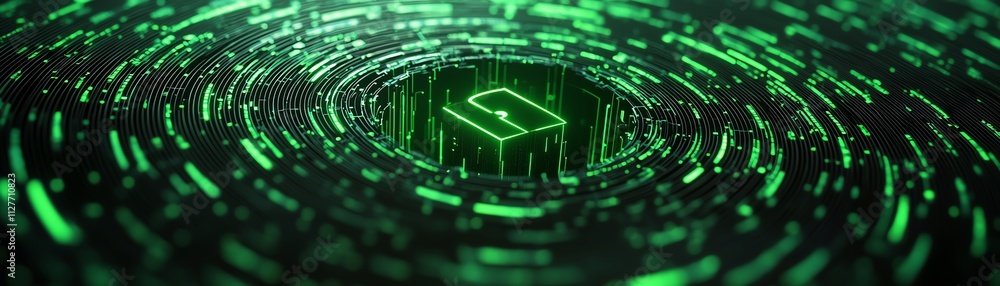Aufkleber futuristic digital landscape with swirling green data patterns and abstract shapes.