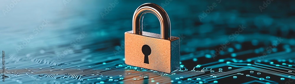 Poster a padlock symbolizing security on a digital circuit board background.