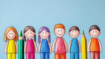 Coordination flat design front view synchronized actions cartoon drawing colored pastel