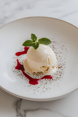 Elegant Vanilla Ice Cream Scoop on a Plate - A Minimal, Classic Dessert Delight