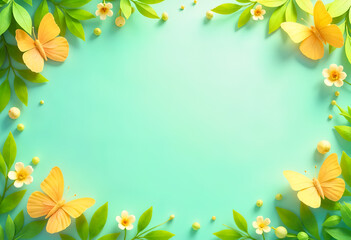 Obraz premium Butterflies and yellow floral frame on a pastel background, ideal for spring and nature-inspired designs. Generative AI