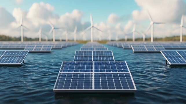 A serene view of solar panels floating on water with wind turbines in the background.