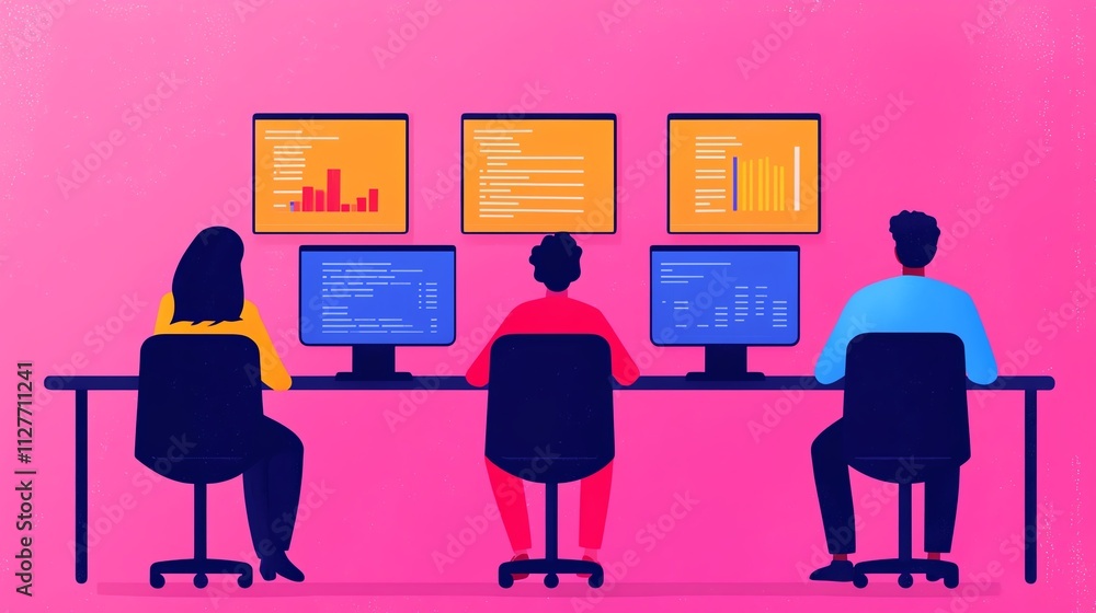 Poster three professionals working on computers in a colorful modern office environment.