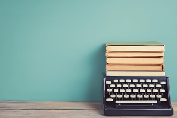 Vintage typewriter and books on a wooden table with a teal background.