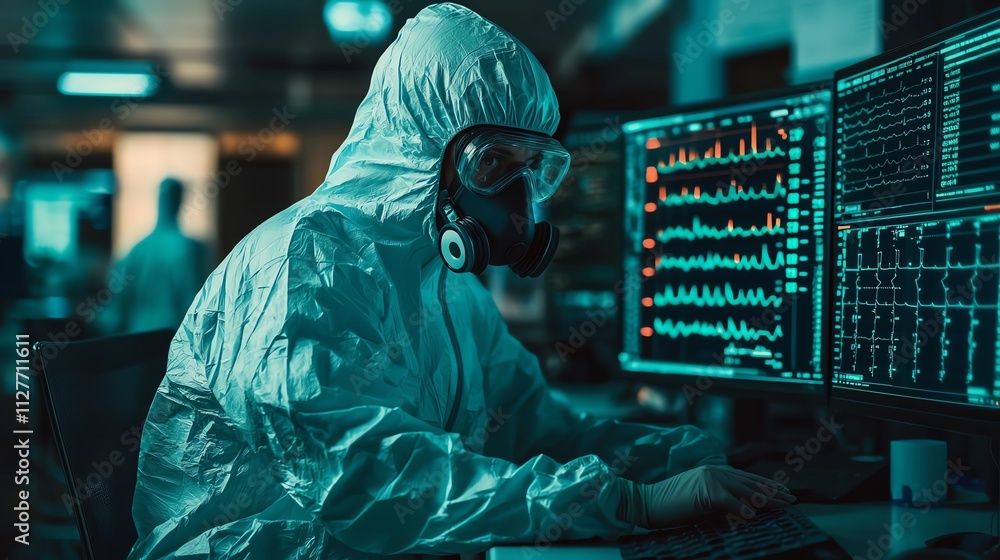 Poster a scientist in protective gear analyzes data on multiple screens in a laboratory.