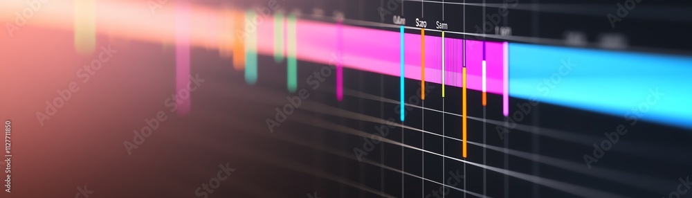 Poster abstract digital data visualization with vibrant color bars on a dark background.