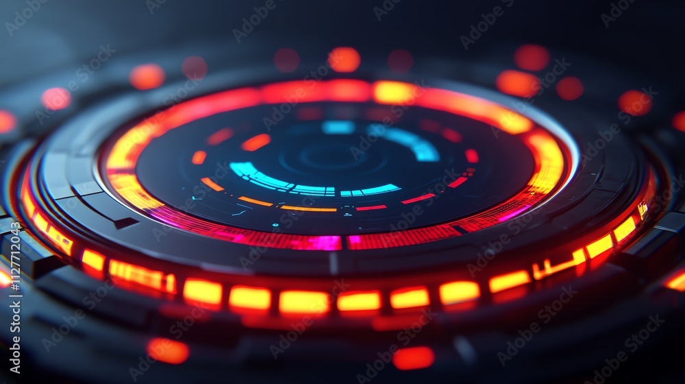 Poster futuristic abstract design featuring vibrant circular patterns and glowing elements.