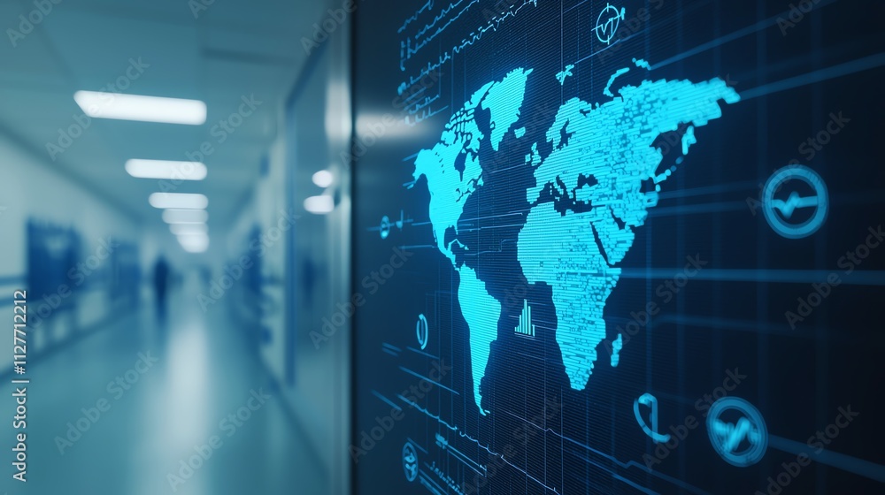 Poster a digital world map displayed on a screen in a modern, high-tech environment.