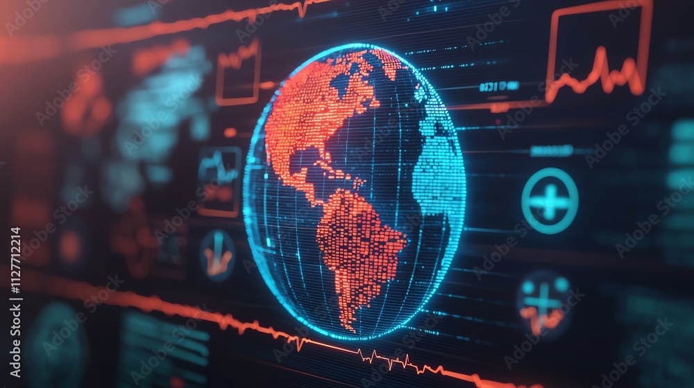 Poster a digital globe with data visualizations illustrating global connectivity and analytics.