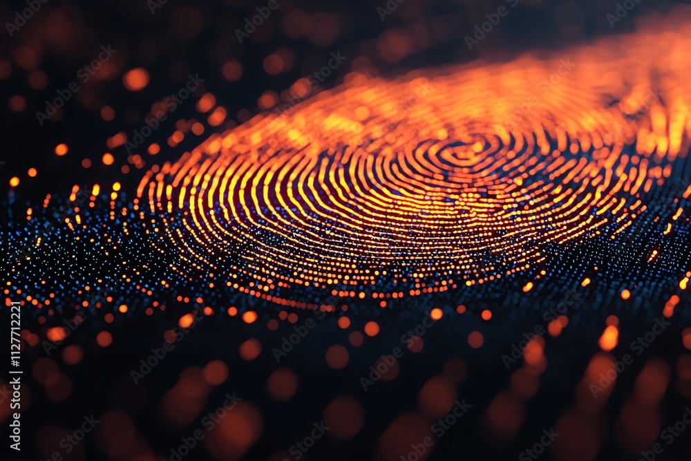 Poster abstract view of a digital fingerprint with glowing particles in dark background.