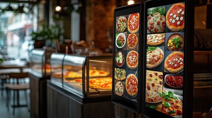 Modern pizzeria tech menu board shows various pizza dishes, italian food options. Digital display in eatery. Order food at tech eatery. Digital ordering system with visual display. Fast service in