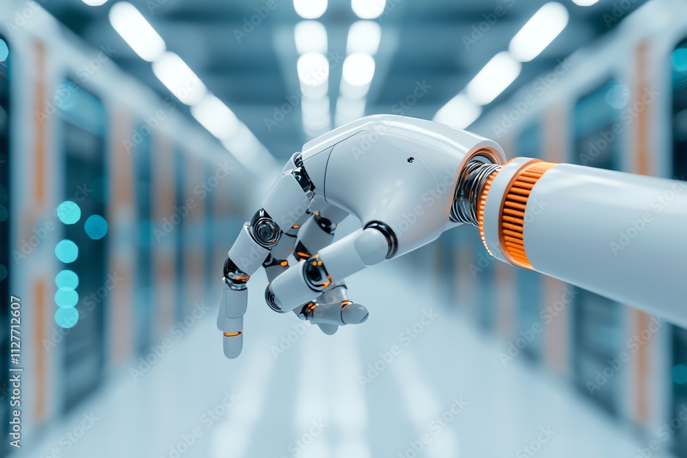 Poster close-up of a robotic hand in a modern data center showcasing advanced technology.