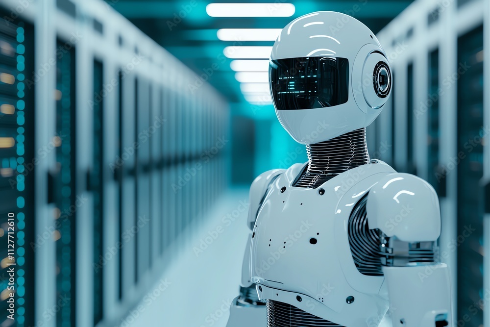 Poster futuristic robot standing in a high-tech data center, showcasing advanced technology.