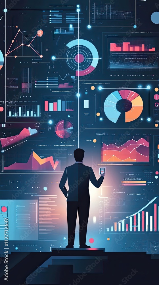 Poster businessman reviewing complex data visualizations on a large screen