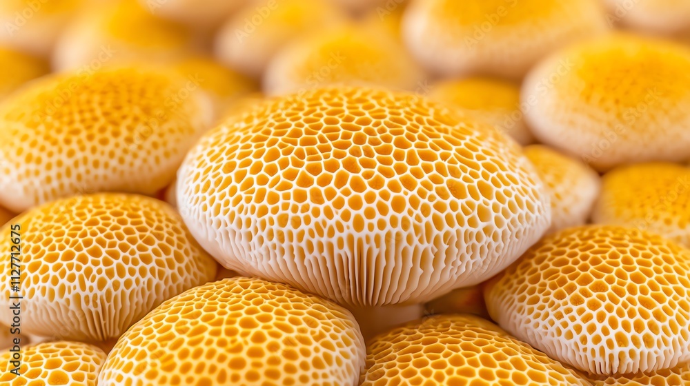 Poster close-up view of vibrant yellow mushrooms showcasing intricate textures and patterns.