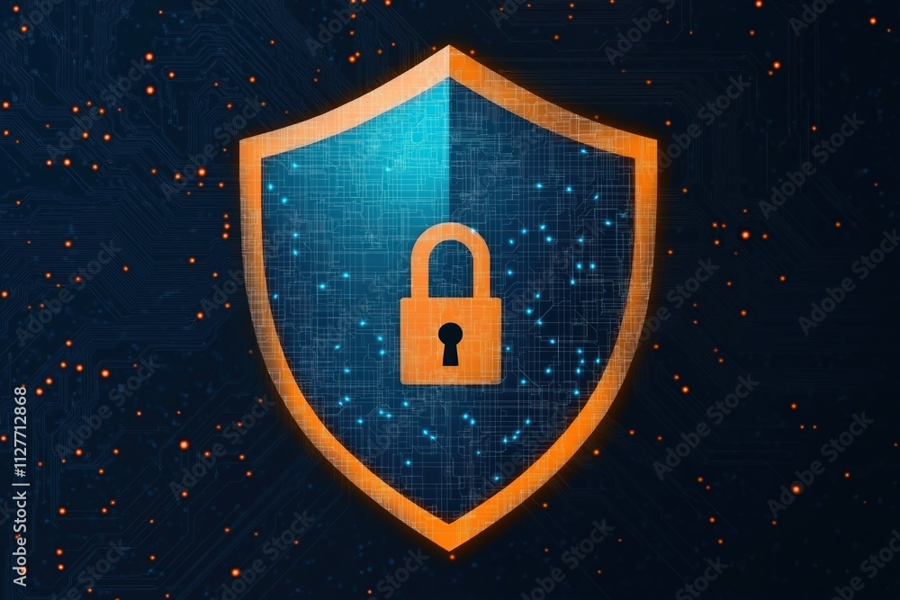 Aufkleber Digital shield with glowing tech network protects data. Secure lock symbol inside. Concept of strong cyber security, data protection. Modern technology safeguards personal info. Safeguard digital