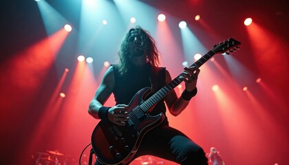 Heavy metal band plays live concert. Guitarist performs on stage. Stage lights create dramatic effect with red and blue spotlights. Event takes place indoors. Music energy and excitement visible.