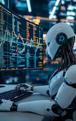 A robot is sitting at the desk, holding a keyboard and watching charts on multiple monitors. The background is of stock market trading with a candlestick chart.