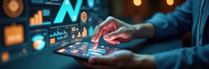 Person uses digital tablet for cost reduction analysis. Interactive graphic EIDE overlays show expense reduction methods. Corporate business optimization, efficient resources management, unnecessary