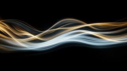 Naklejka premium Smooth flowing lines of gold and blue light on a black background.