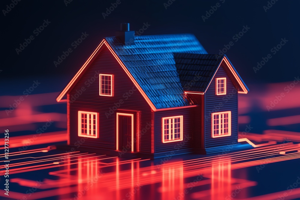 Poster a modern house illuminated with neon lights on a digital background representing technology.