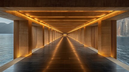 Obraz premium Long, illuminated wooden corridor overlooking tranquil lake.