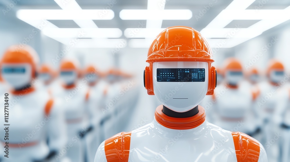 Poster futuristic robots with orange accents in a high-tech environment representing automation.