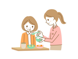 高齢者の食事の介助をする女性の介護士のイラスト