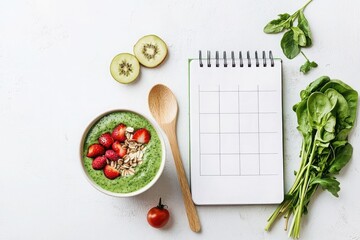 Organized workout planner and vibrant smoothie bowl kitchen food photography bright environment top-down view health concepts for seo impact