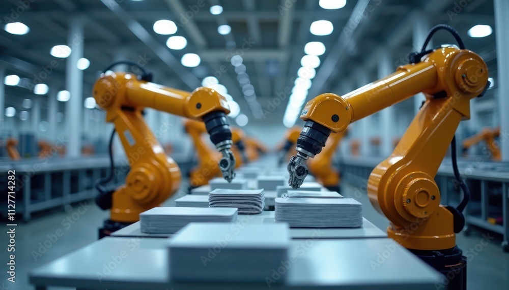 Aufkleber modern manufacturing facility assembly line with efficient robotic arms. robotic arms work on produc