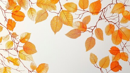 A collection of vibrant orange and yellow leaves on a white background.