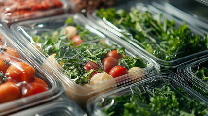Pre packaged fresh vegetables and salad in plastic containers. Concept of healthy eating, meal prep, and convenience food.