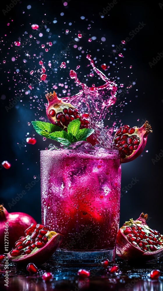 Poster An invigorating pomegranate drink splashes with vibrant colors and fresh mint, creating an enticing scene.