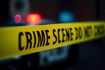 Close-up of yellow crime scene tape with bold black text, set against blurred red and blue police lights. Dramatic and tense atmosphere representing law enforcement and crime investigation