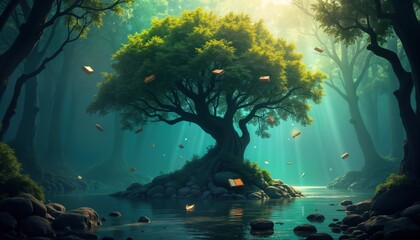 Obraz premium Surreal mystical forest scene. Large glowing tree stands by calm water. Books float around tree, water. Dreamy light, colors. Fantasy world. Illuminated wisdom, knowledge. Inspirational visionary