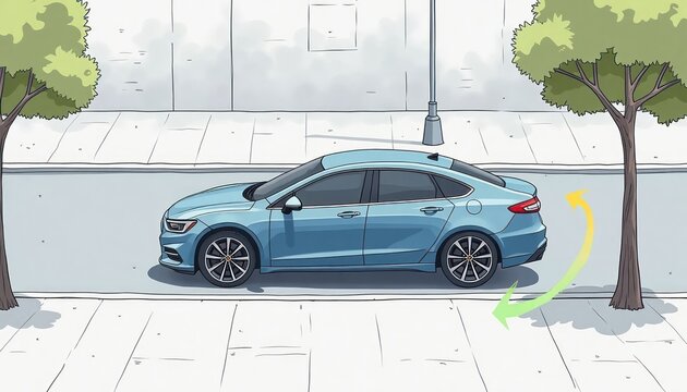 Car parking assist tech helps park vehicle parallel curb. Illustration shows car maneuvering into spot. System guides car to exact parking position. Easy car parking tutorial. Parking aid tech.