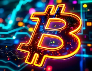 Bitcoin in Neon Glow on Tech Surface