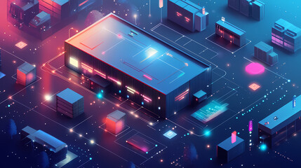 Fototapeta premium Warehouse with digital network illustration. Lumina. Illustration