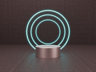 Fototapeta premium Blue Circle Neon Light with Platform on Texture Background 3D Illustration Rendering