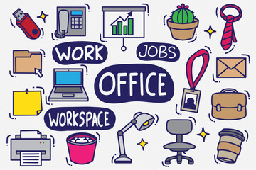 set of office doodle color good for background, wallpaper, icons, element design, etc
