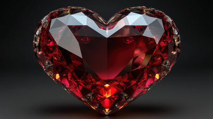 glossy red heart shaped gemstone with intricate facets, reflecting light beautifully against dark background, evokes feelings of love and passion