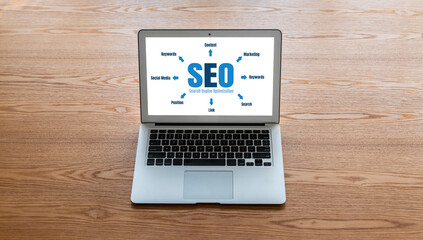 SEO search engine optimization for modish e-commerce and online retail business showing on computer...