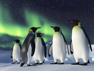 Obraz premium A group of penguins stands under the vibrant Northern Lights, showcasing nature's beauty in a snowy landscape.