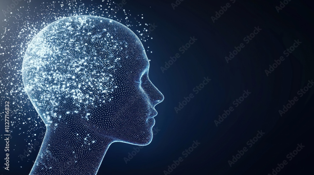 Poster digital representation of ai consciousness in cyberspace. futuristic human profile head appears as g