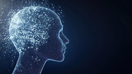 Digital representation of AI consciousness in cyberspace. Futuristic human profile head appears as glowing dots. AI head glows in dark blue background. Virtual network concept. Modern tech,